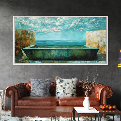 Infinity-Pool, Leinwanddruck, moderne Landschaftskunst, minimalistisches Dekor, extra breites Gemälde, blau-grüne Wandkunst, zeitgenössische Kunst