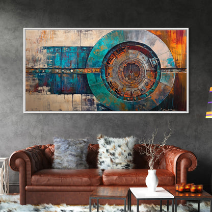 Industrieller Tresorraum, Steampunk-Wandkunst, Mechanische Wandkunst, Extra breite Kunstwerke, Horizontale Wandkunst, Gerahmter Leinwanddruck, Wohnzimmerkunst, Stimmungsvolle Kunst