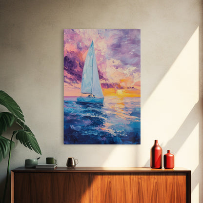 Sailboat Painting, Ocean Sunset Art, Nautical Wall Art, Coastal Landscape, Romantic Seascape, Living Room Art, Canvas Print