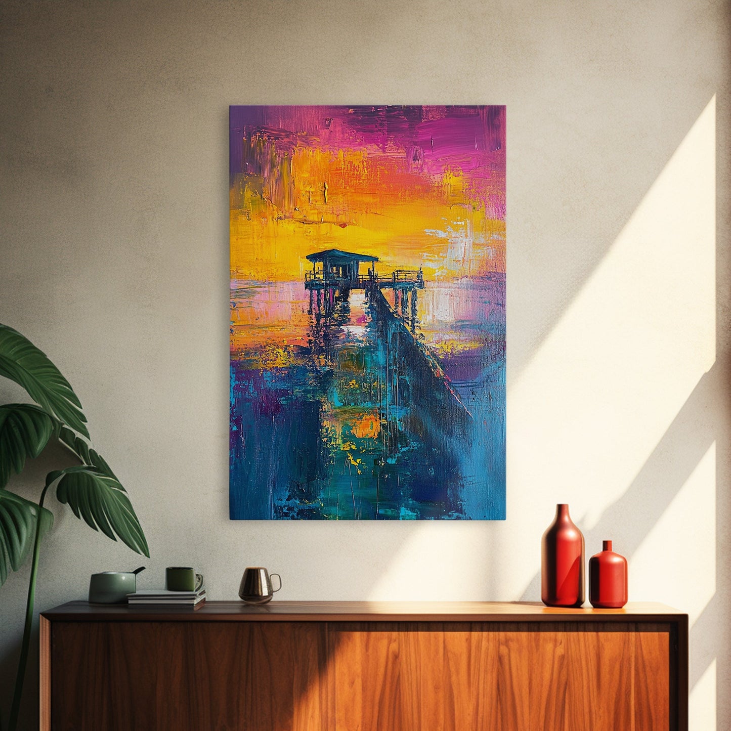 Sunset Pier Painting, Coastal Landscape Art, Vibrant Seascape, Nautical Wall Art, Bold Color Decor, Framed Canvas Print