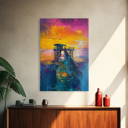 Sunset Pier Painting, Coastal Landscape Art, Vibrant Seascape, Nautical Wall Art, Bold Color Decor, Framed Canvas Print