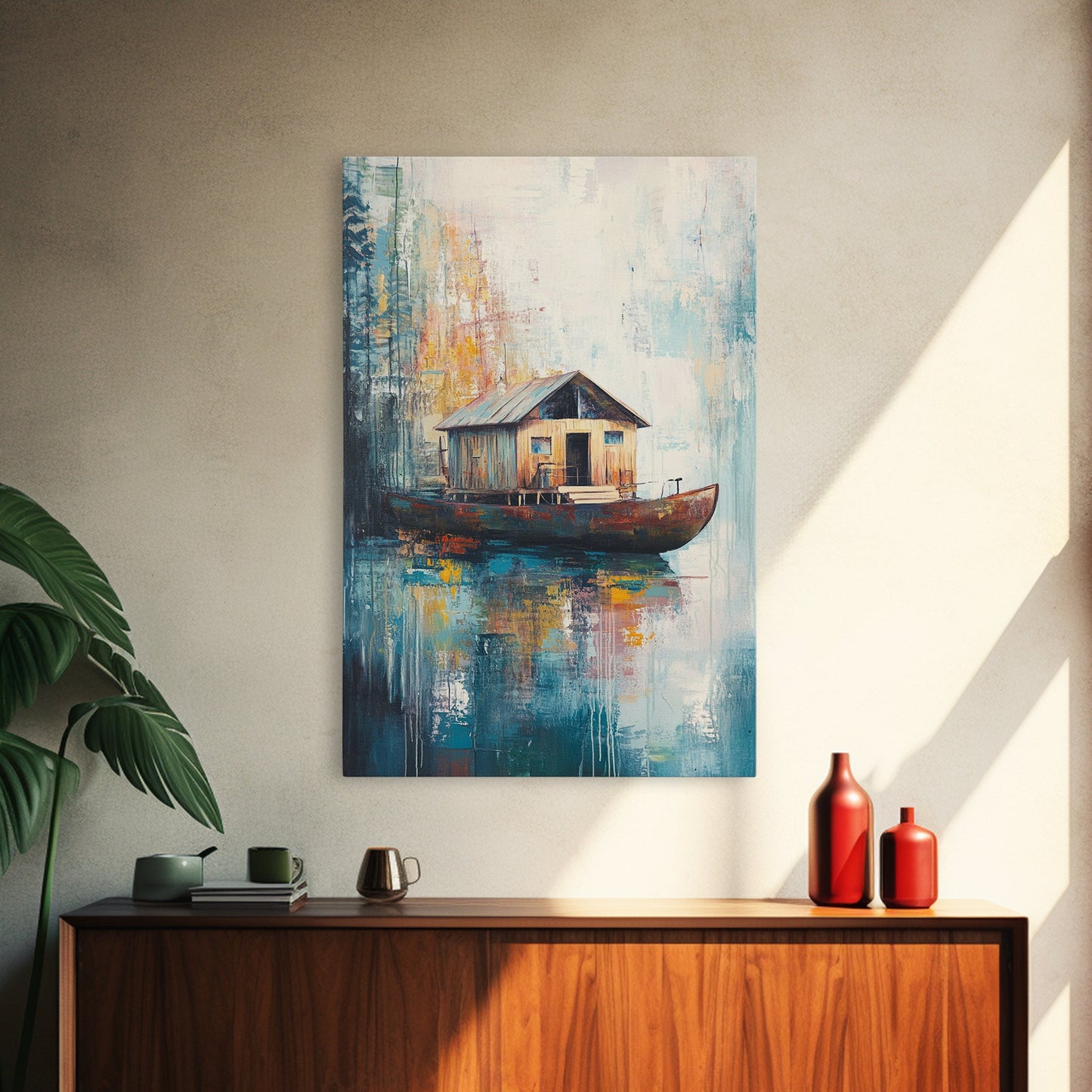 Floating House Painting, Lakefront Scene, Rustic Boat Art, Tranquil Landscape, Water Reflection Art, Framed Canvas Print