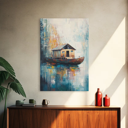 Floating House Painting, Lakefront Scene, Rustic Boat Art, Tranquil Landscape, Water Reflection Art, Framed Canvas Print