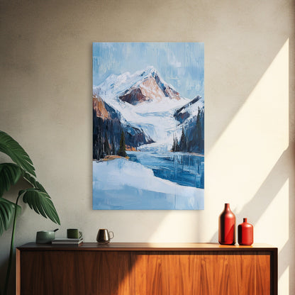 Snowy Mountain Lake, mountain painting, landscape painting, lake Tahoe art, extra wide art, panoramic art, Canvas Print