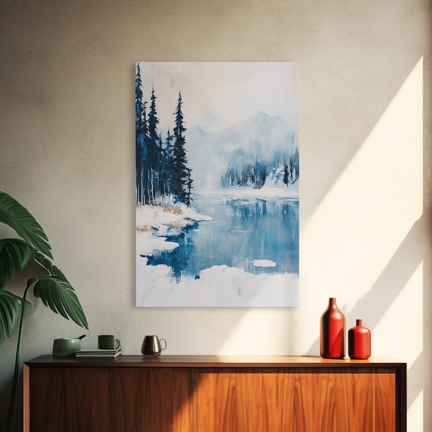 Snowy Mountain Scene, pine tree art, smoky mountain art, landscape painting, framed canvas print, rustic wall art, above sofa art