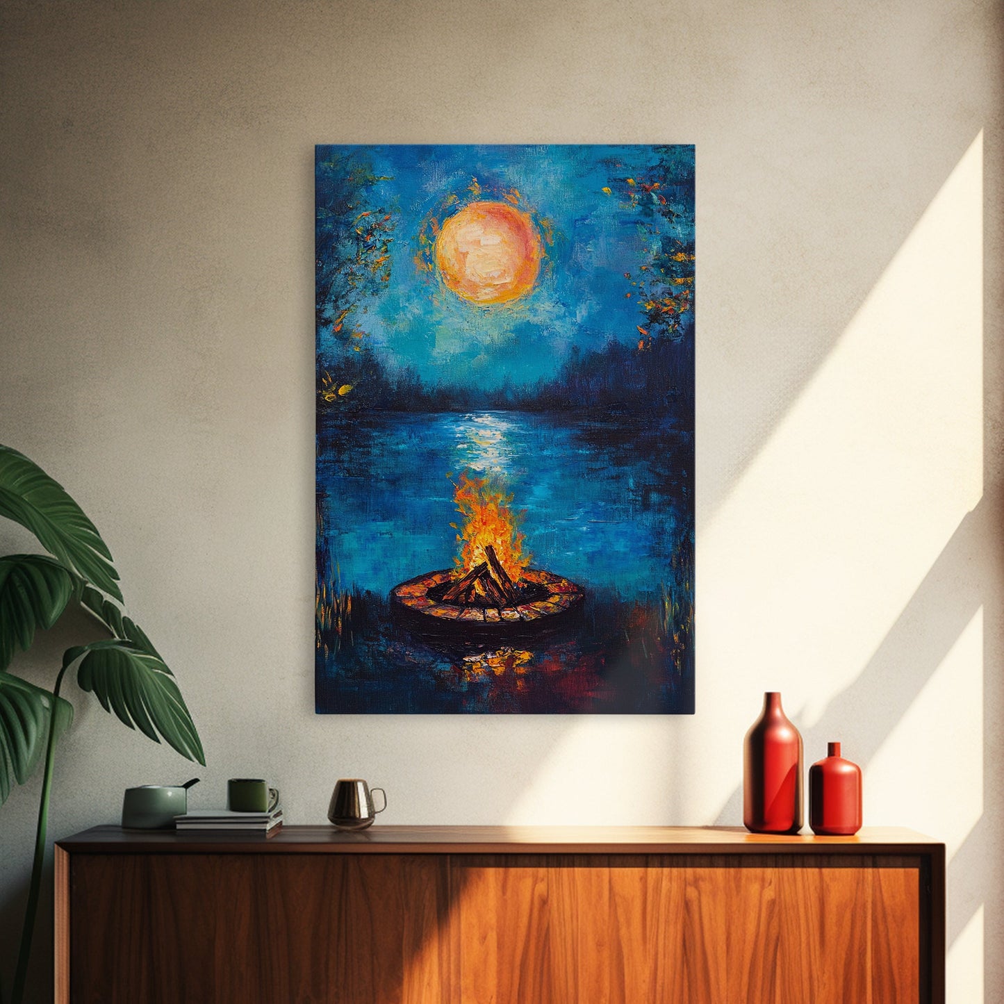 Campfire, Moonlight, Reflection, Framed Canvas Print, landscape painting, moody art, rustic wall art, blue and green wall art, bedroom art