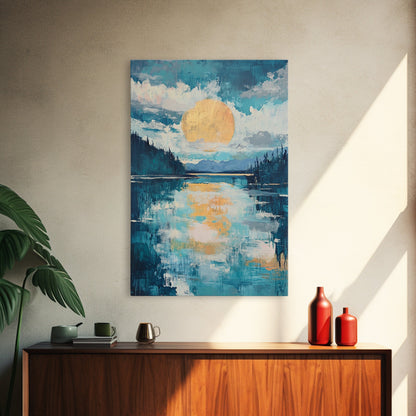 Moon Oil Painting, Smoky Mountain Art, Wabi Sabi Wall Art, Framed Canvas Print, Moody Art, Blue and Green Wall Art, Above Sofa Art