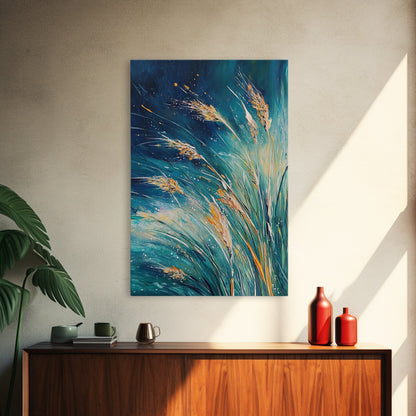 Wheat Fields Framed Canvas Print Rustic Farmhouse Wall Art, Deep Blue Abstract Painting, Autumn Home Decor, Cozy Country Living