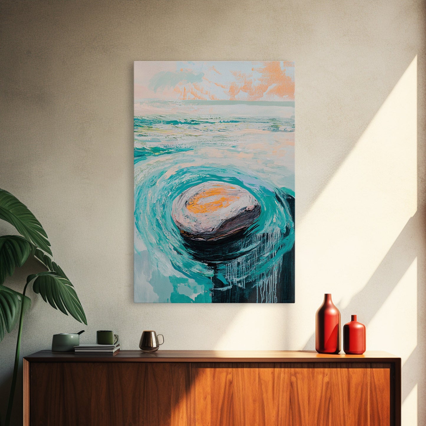 Ocean Rock Waves Canvas Print Coastal Wall Art, Beach House Decor, Abstract Seascape Painting, Nautical Art, Modern Minimalist Art