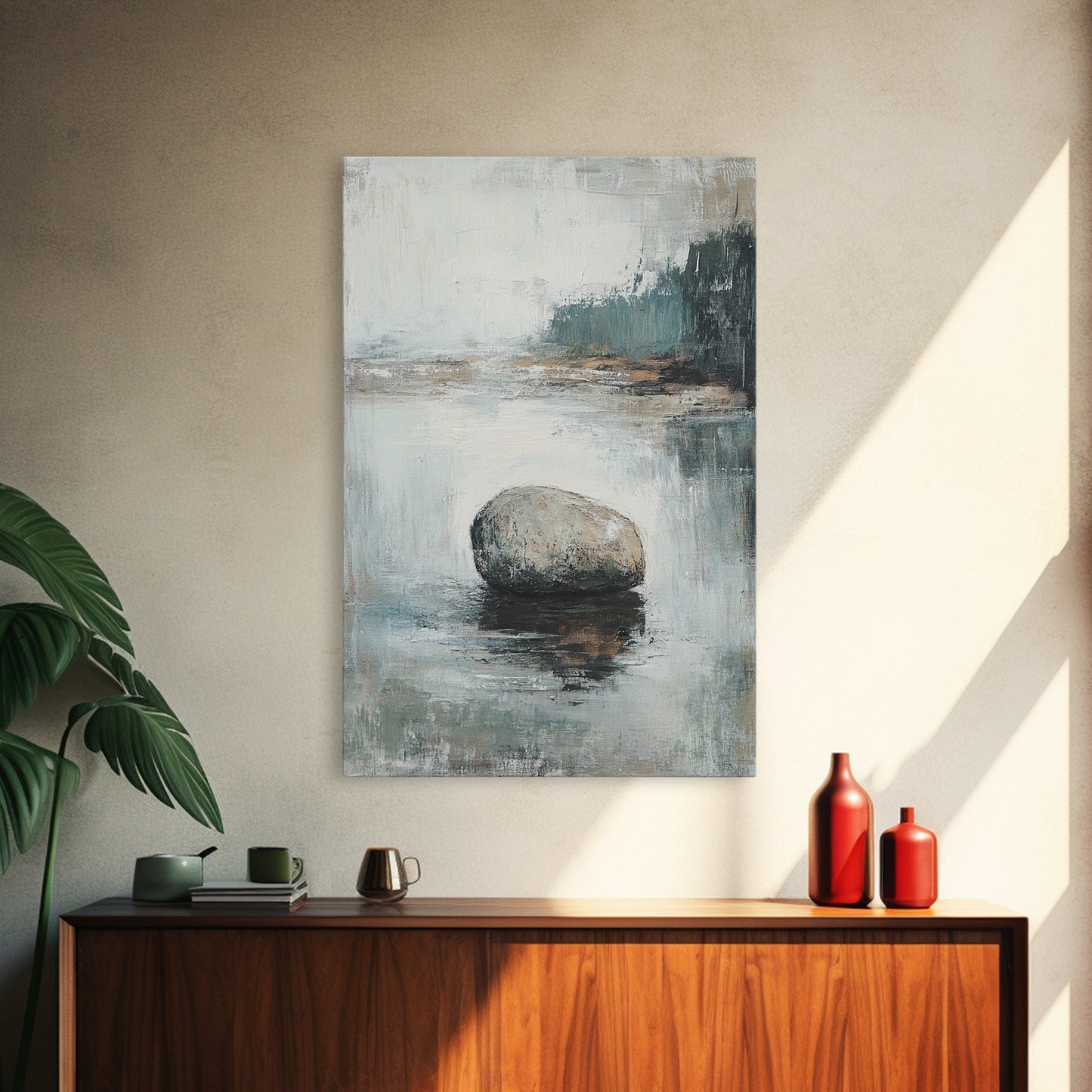 Serene River Rock Canvas Print Nature Inspired Wall Art, Minimalist Landscape Painting, Zen Decor, Neutral Tones, Living Room Artwork