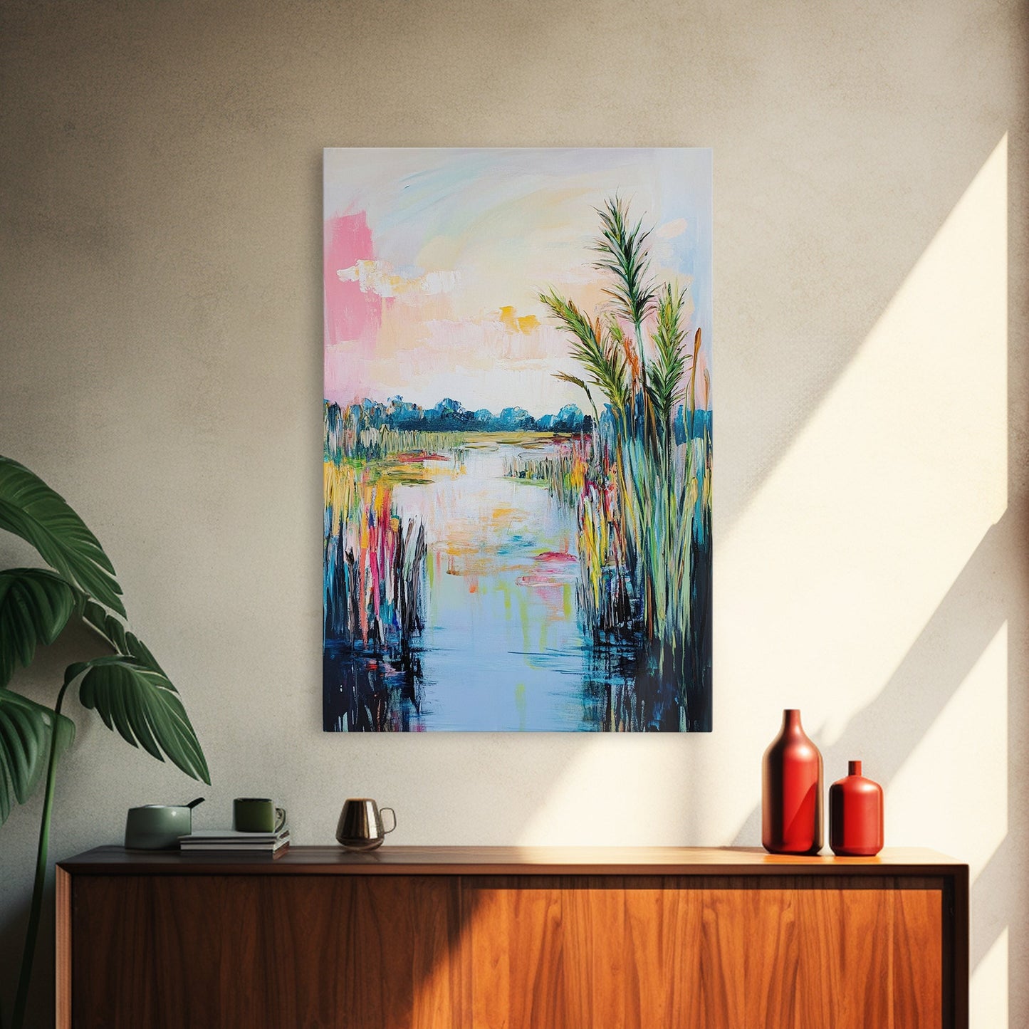 Lakeside Serenity Framed Canvas Print | Nature Landscape Painting | Peaceful Water Reflection Art | Boho Wall Decor | Pastel Colors