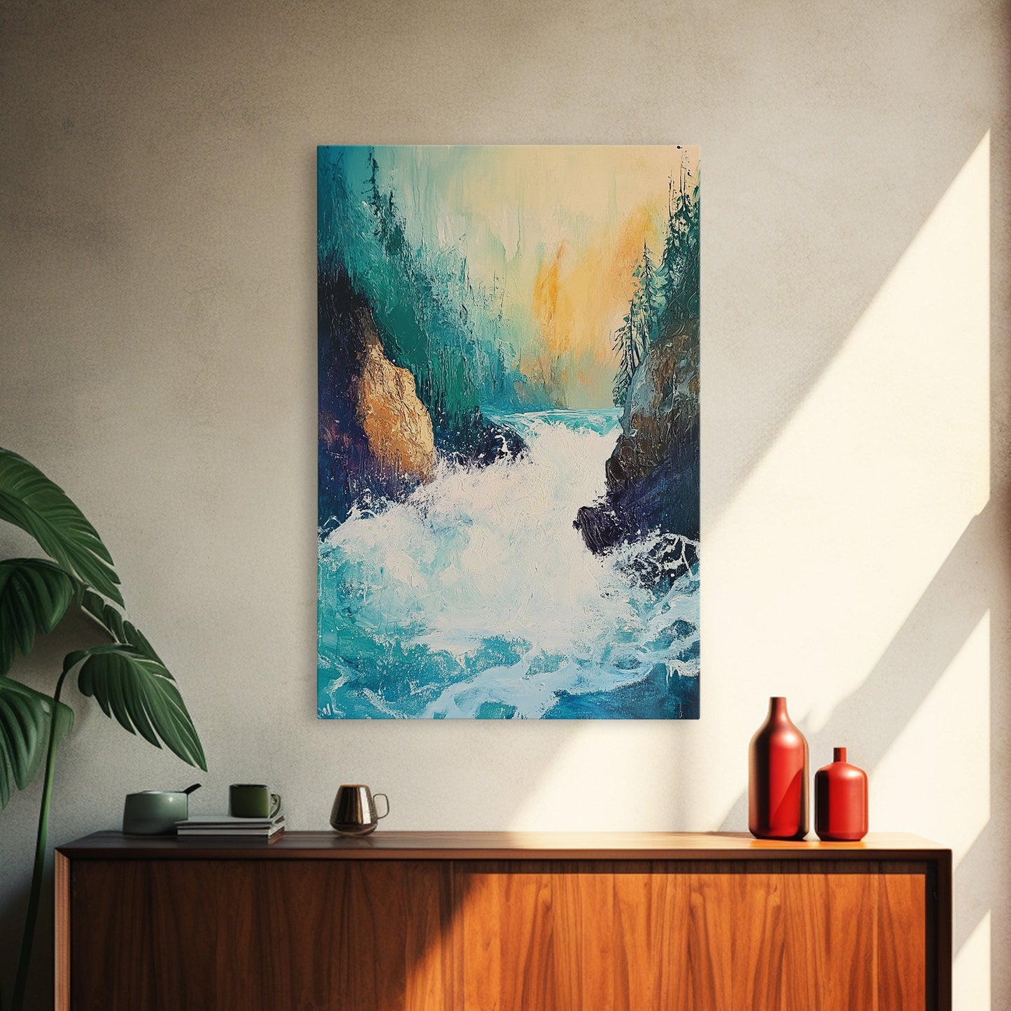 Rushing Waterfall Framed Canvas Print Nature Landscape Wall Art, Wilderness River Painting, Cabin Art, Mountain Stream Artwork