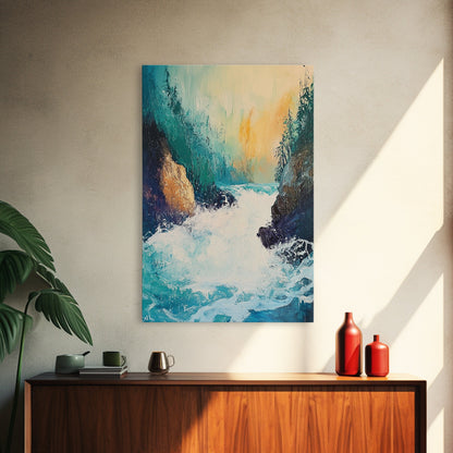 Rushing Waterfall Framed Canvas Print Nature Landscape Wall Art, Wilderness River Painting, Cabin Art, Mountain Stream Artwork