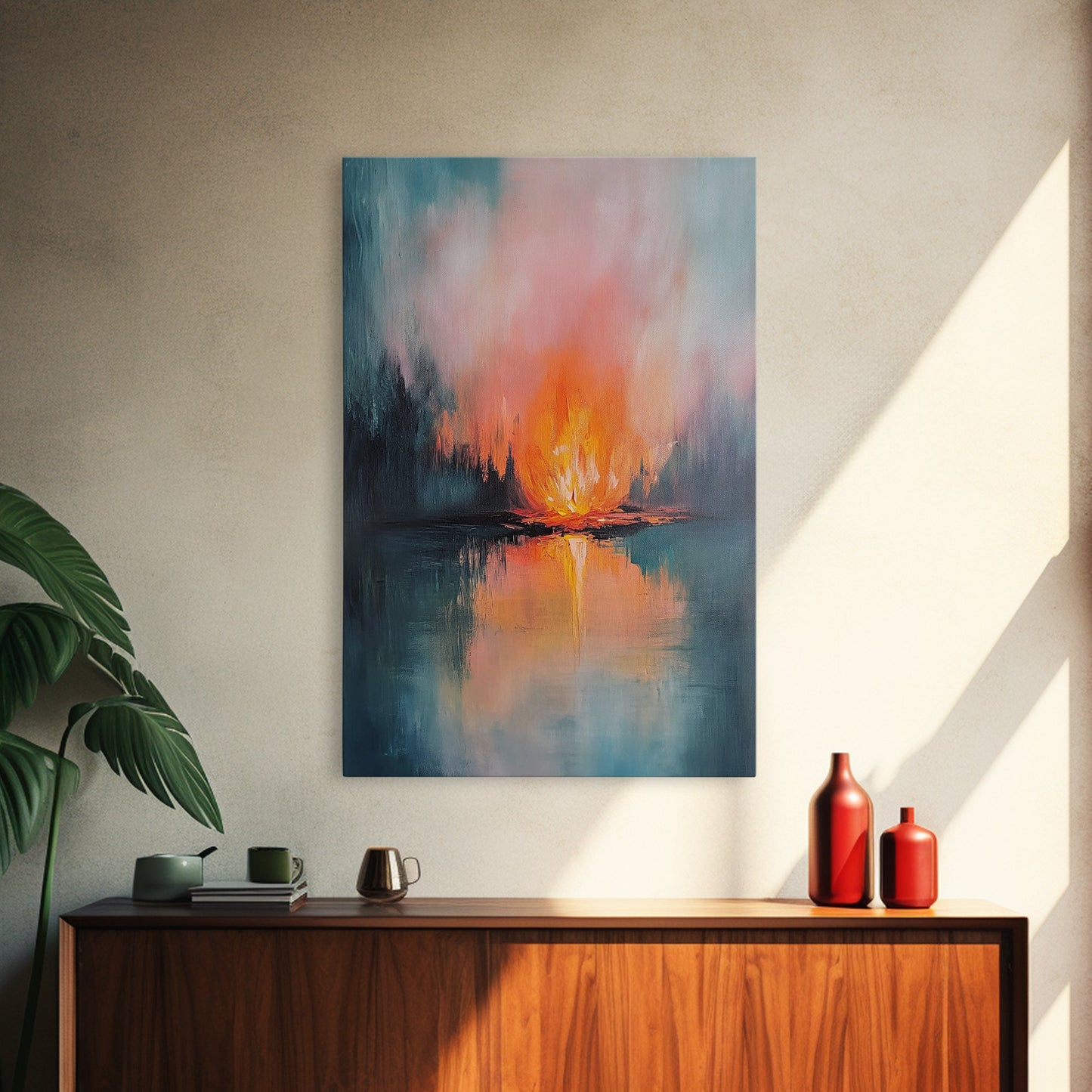 Reflective Fire, Moody Art, Dark Romance Painting, Fire Reflection Painting, Rustic Wall Art, Above Bed Art, Canvas Print