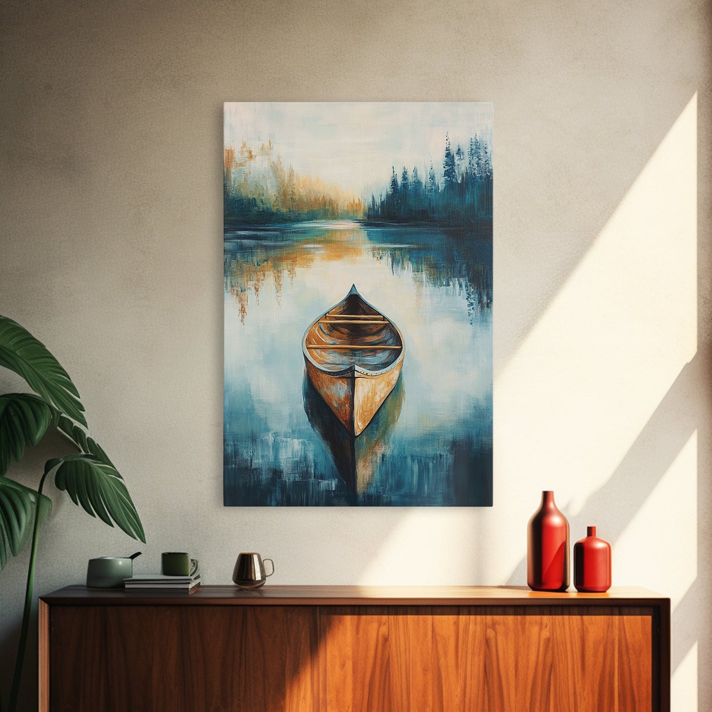 Still Water Canoe, Lake Tahoe Art, Nautical Painting, Rustic Wall Art, Moody Art, Extra Wide Art, Above Couch Art, Canvas Print