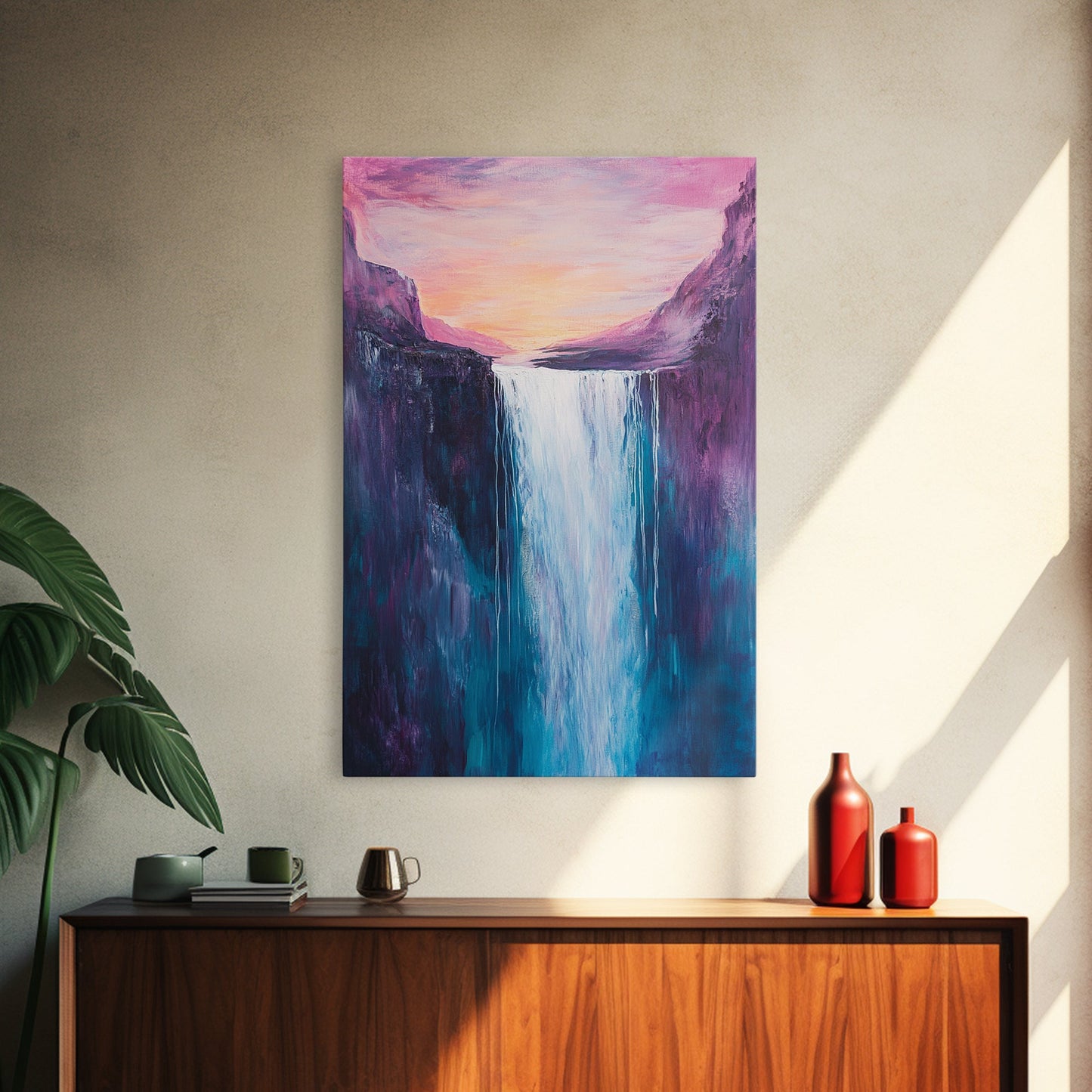 Waterfall Sunset, Moody Art, Mountain Painting, Landscape Painting, Pink Orange Wall Art, Above Couch Art, Canvas Print