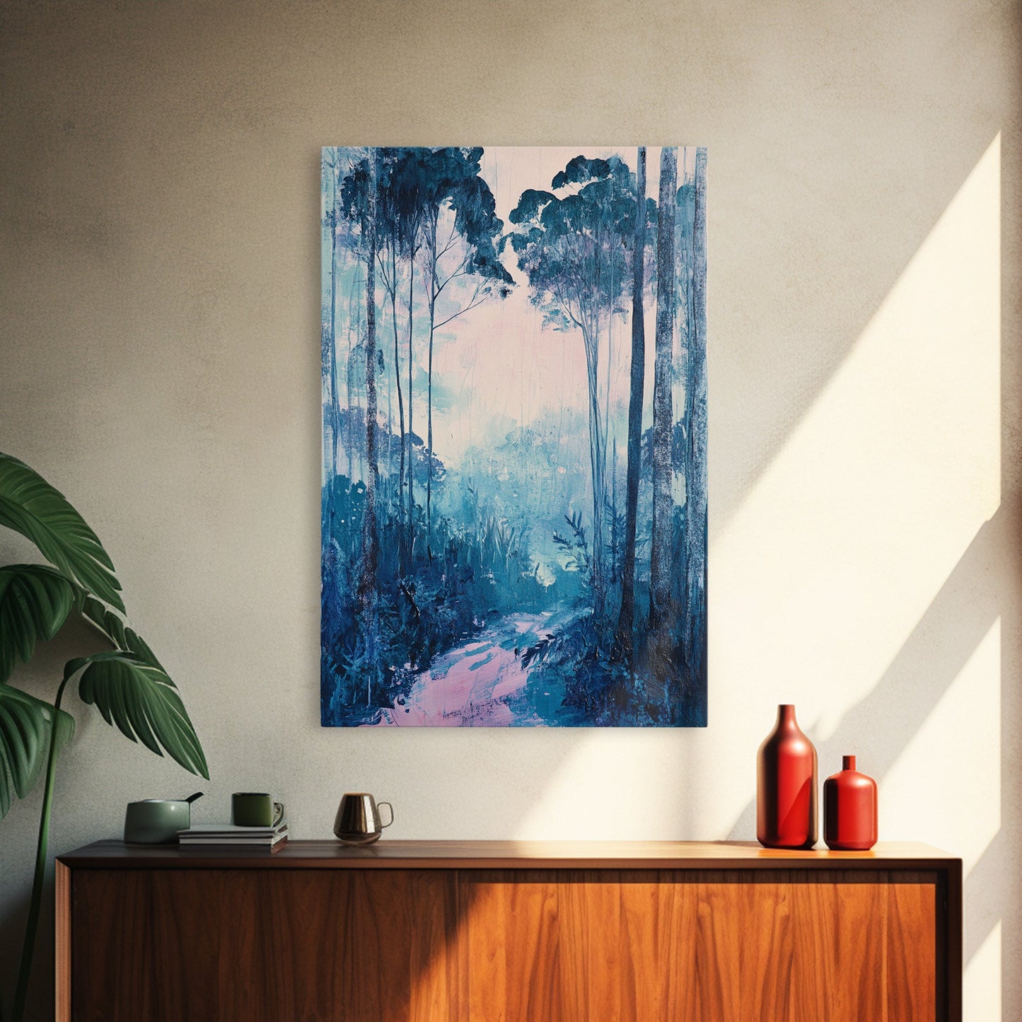 Misty Forest, moody art, birch tree art, pine tree art, landscape painting, gift idea for her, Framed Canvas Print, bedroom art