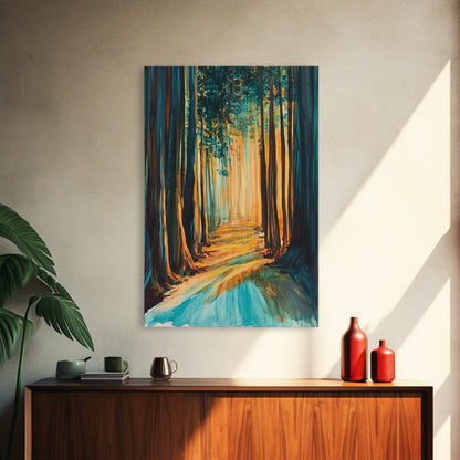 Golden Forest, moody art, pine tree art, wabi sabi wall art, landscape painting, rustic decor, Framed Canvas Print, autumn decor