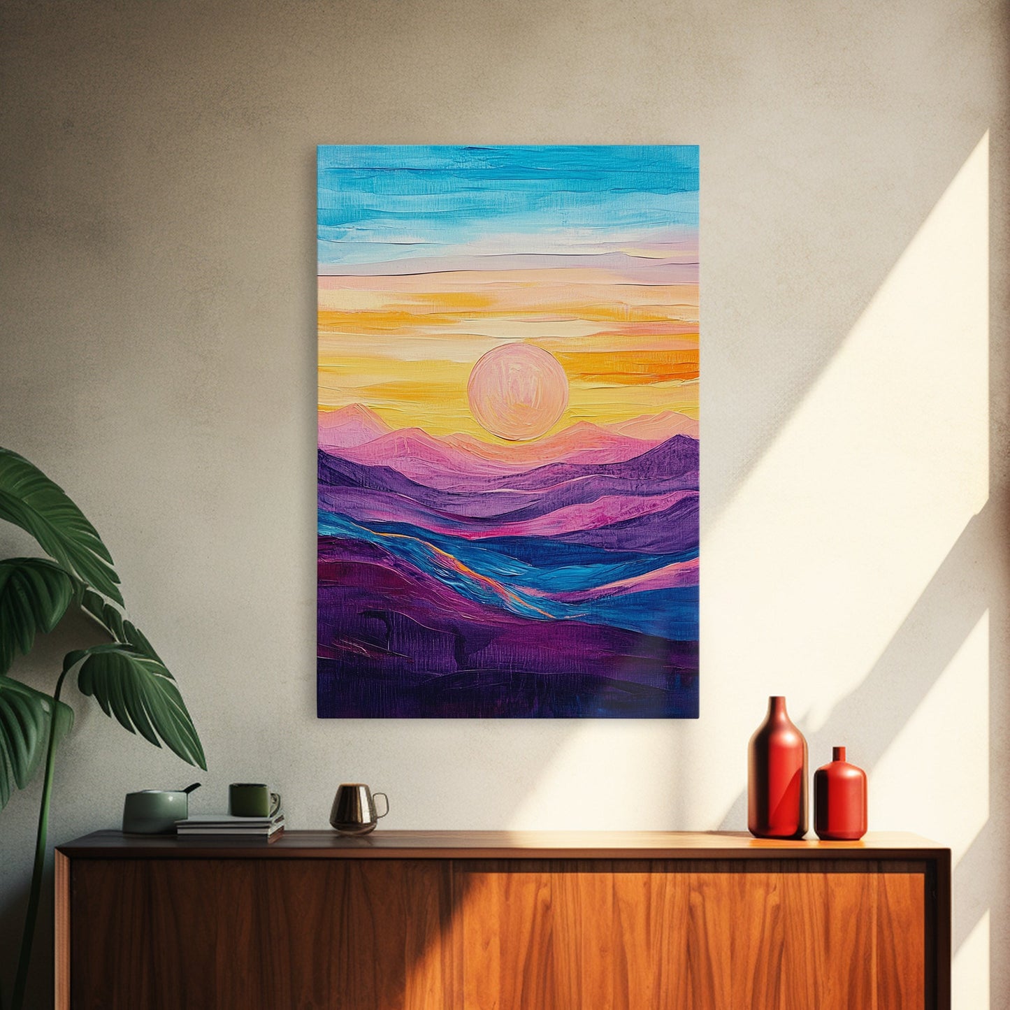 Sunset Horizon, Mountain Painting, Pink Orange Wall Art, Abstract Landscape Art, Canvas Print, Above Sofa Art, Bedroom Art