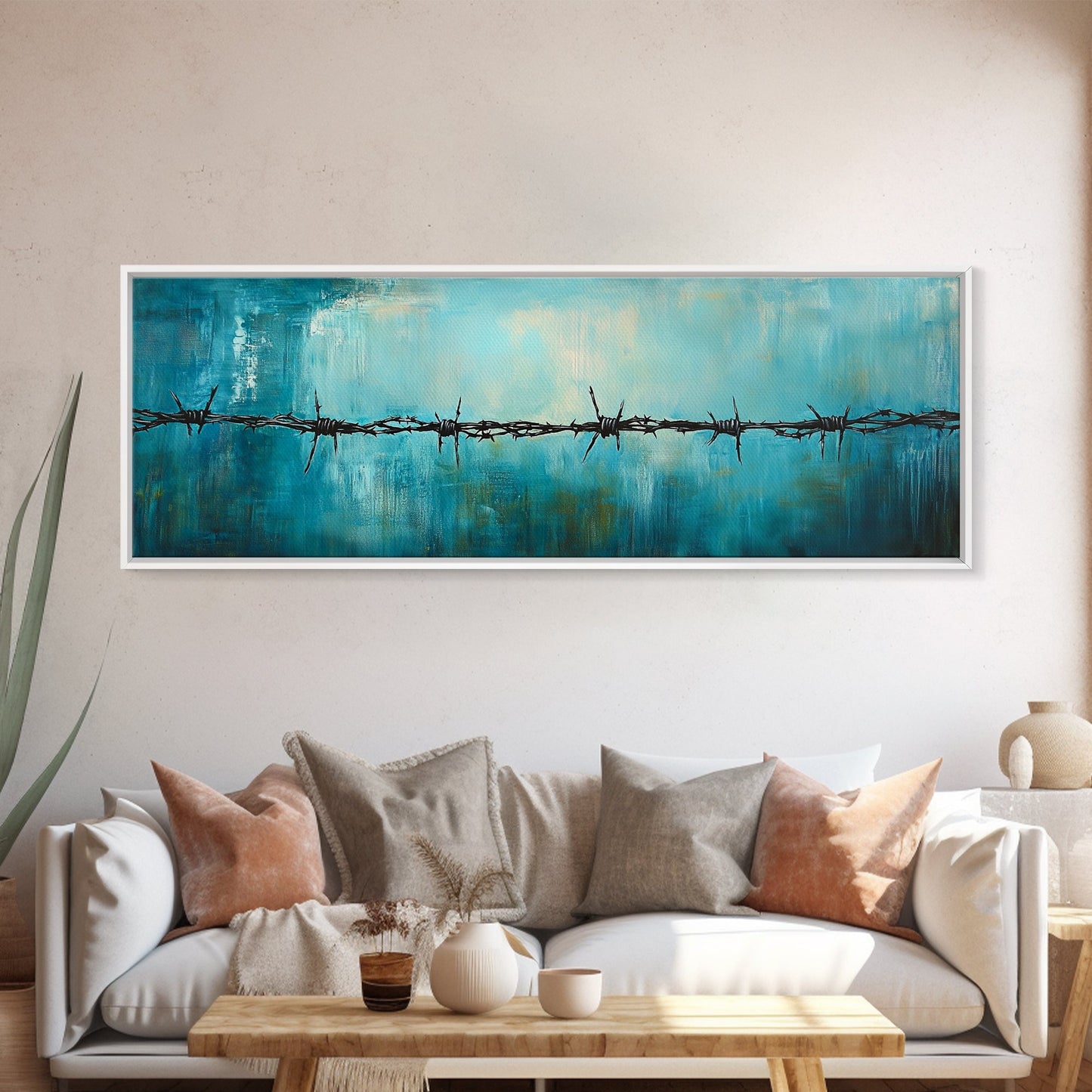 Barbed Wire Minimalist Painting, Blue and Black Modern Wall Art, Industrial Urban Aesthetic, Bold Statement Office, Canvas Print