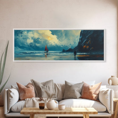 Moonlit Sailboat Canvas Print Dramatic Ocean Wall Art, Coastal Nautical Painting, Dark Blue Seascape, Moody Living Room Decor
