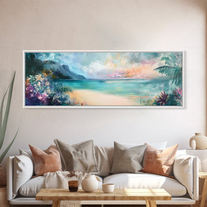 Tropical Beach Paradise Framed Canvas Print, Vibrant Ocean Wall Art, Hawaii Sunset Painting, Coastal Living Room Decor, Relaxing Art