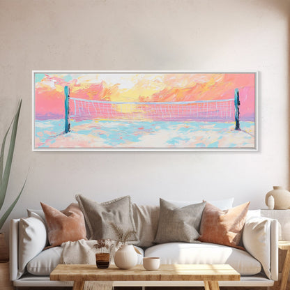 Sunset Beach Volleyball Painting, Pastel Ocean Sports Art, Fun Summer Wall Decor, Playful Living Room, Framed Canvas Print
