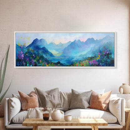 Alpine Sunrise Framed Canvas Print - Misty Mountain Wall Art, Nature Landscape Painting, Warm Toned Home Decor, Living Room Accent
