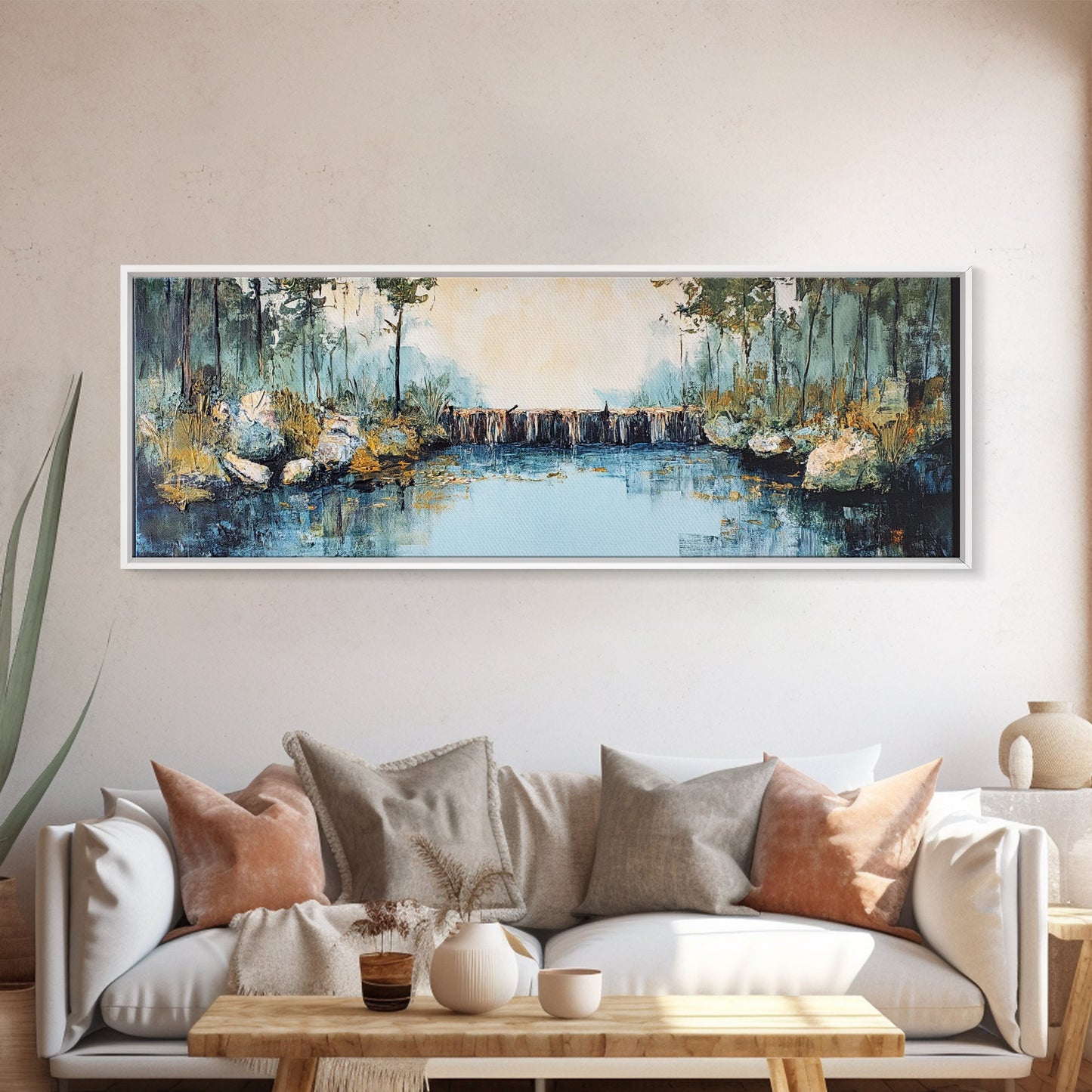 Tranquil River Framed Canvas Print Nature Landscape Art Rustic Cabin Decor Serene Waterfall Painting Lodge Wall Art Autumn Forest Scene