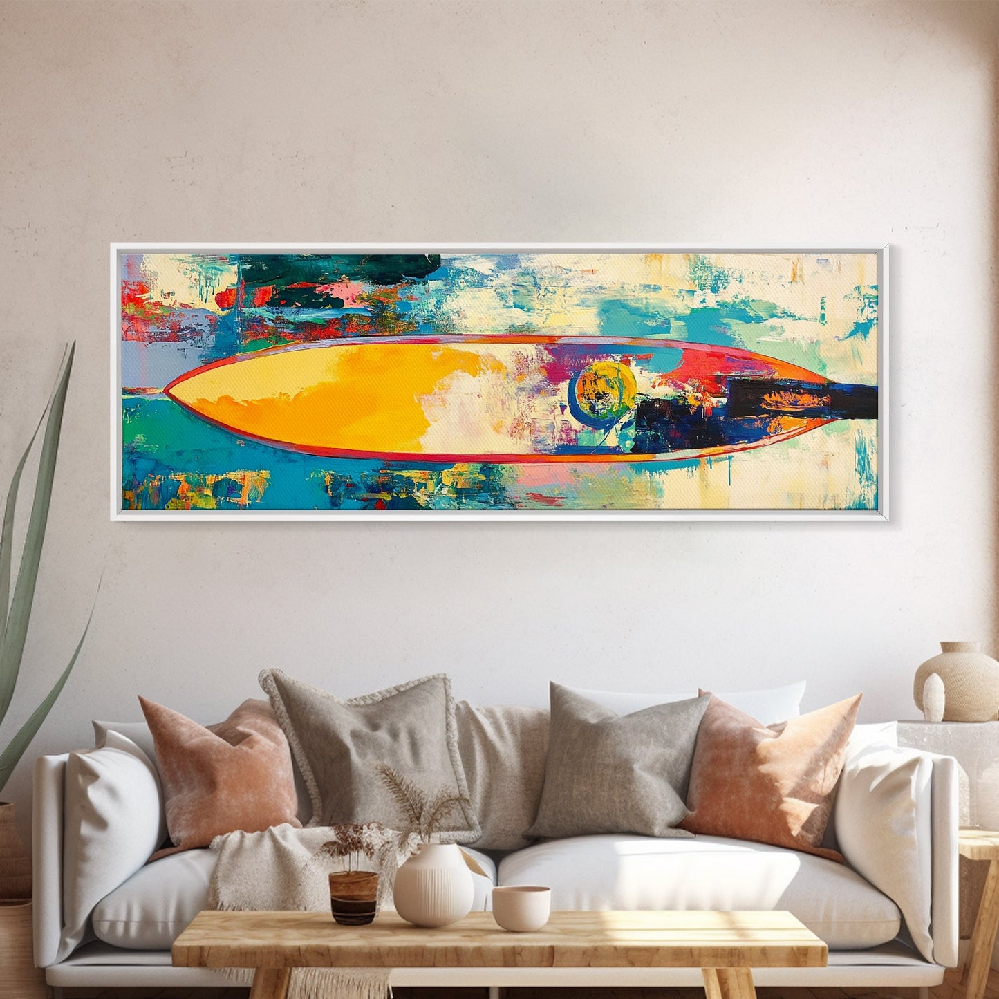 Abstract Surfboard Framed Canvas Print Coastal Beach House Wall Art, Vibrant Surfing Decor, Colorful Ocean Painting, Modern Boho Art