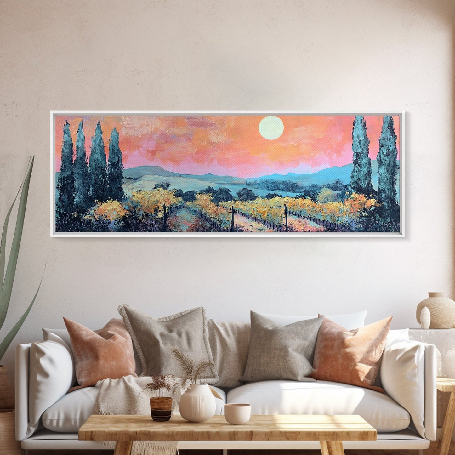 Tuscany Vineyard Painting Sunset Landscape Wall Art Rustic Countryside Decor Warm Autumn Aesthetic Dining Room