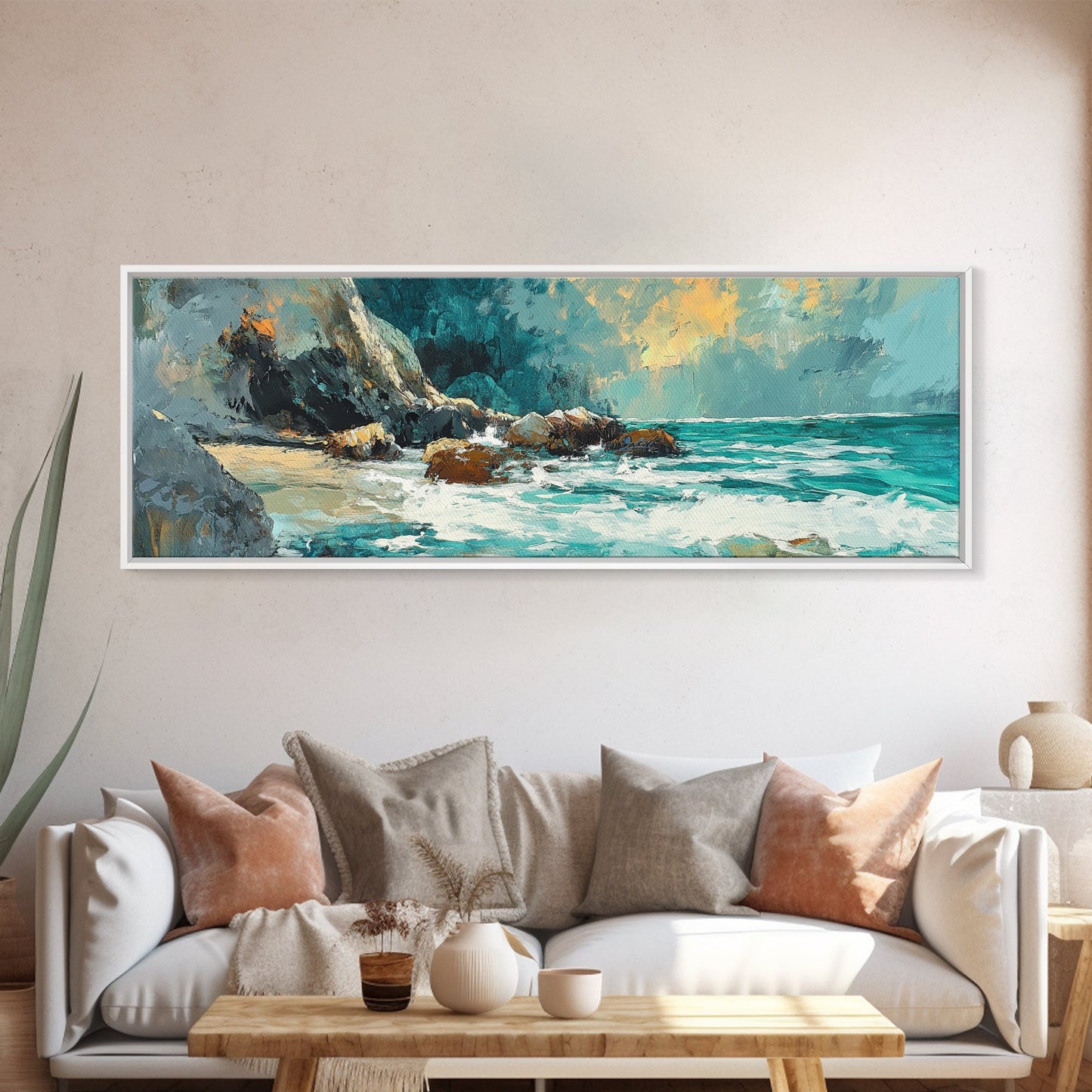 Ocean Cliffside Painting Coastal Rocky Beach Wall Art Dramatic Seascape Artwork Nautical Home Decor Dining Room