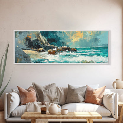 Ocean Cliffside Painting Coastal Rocky Beach Wall Art Dramatic Seascape Artwork Nautical Home Decor Dining Room