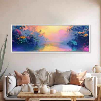 Vibrant Sunset River Framed Canvas Print, Colorful Nature Art, Dreamy Landscape Painting, Living Room Wall Art, Boho Sunset Decor