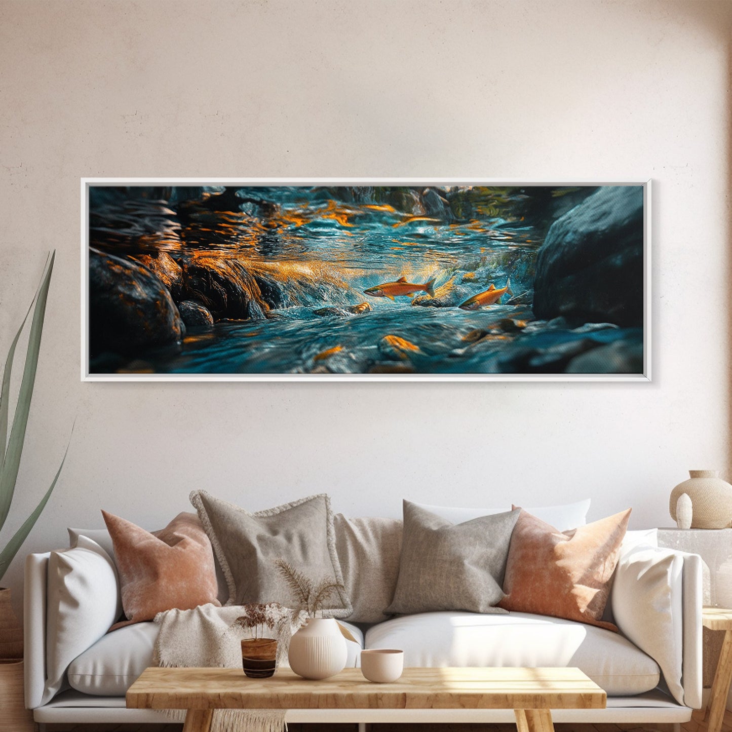 Vibrant Underwater River Scene Framed Canvas Print, Nature Wall Art, Rustic Cabin Decor, Wildlife Painting, Living Room Art
