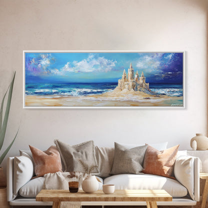 Fantasy Sandcastle Seascape Framed Canvas Print, Beach House Wall Art, Nautical Painting, Whimsical Ocean Scene, Kids Room Decor