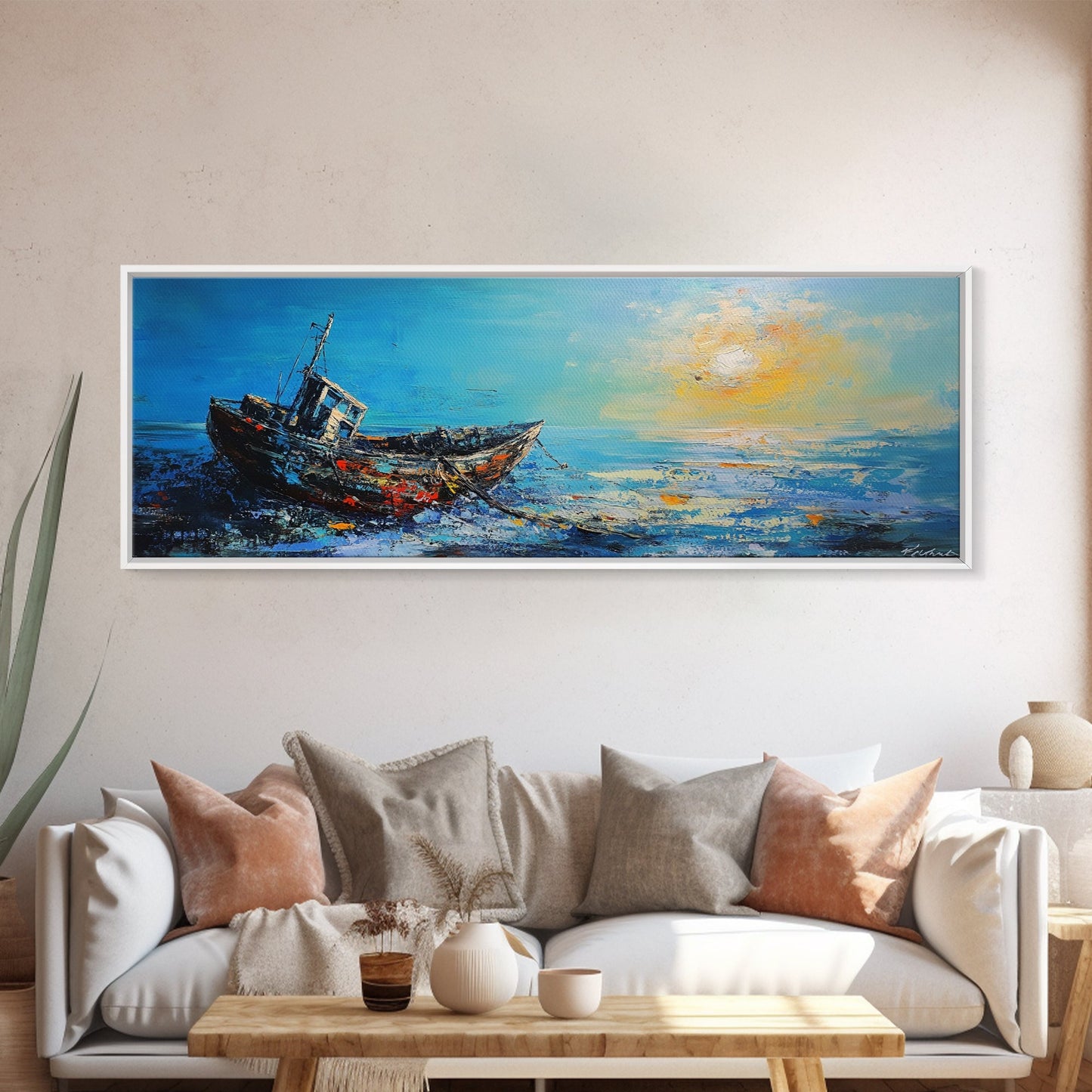 Abandoned Boat Canvas Print Nautical Wall Art, Coastal Decor, Seascape Painting, Ocean Inspired Artwork, Living Room Aesthetic