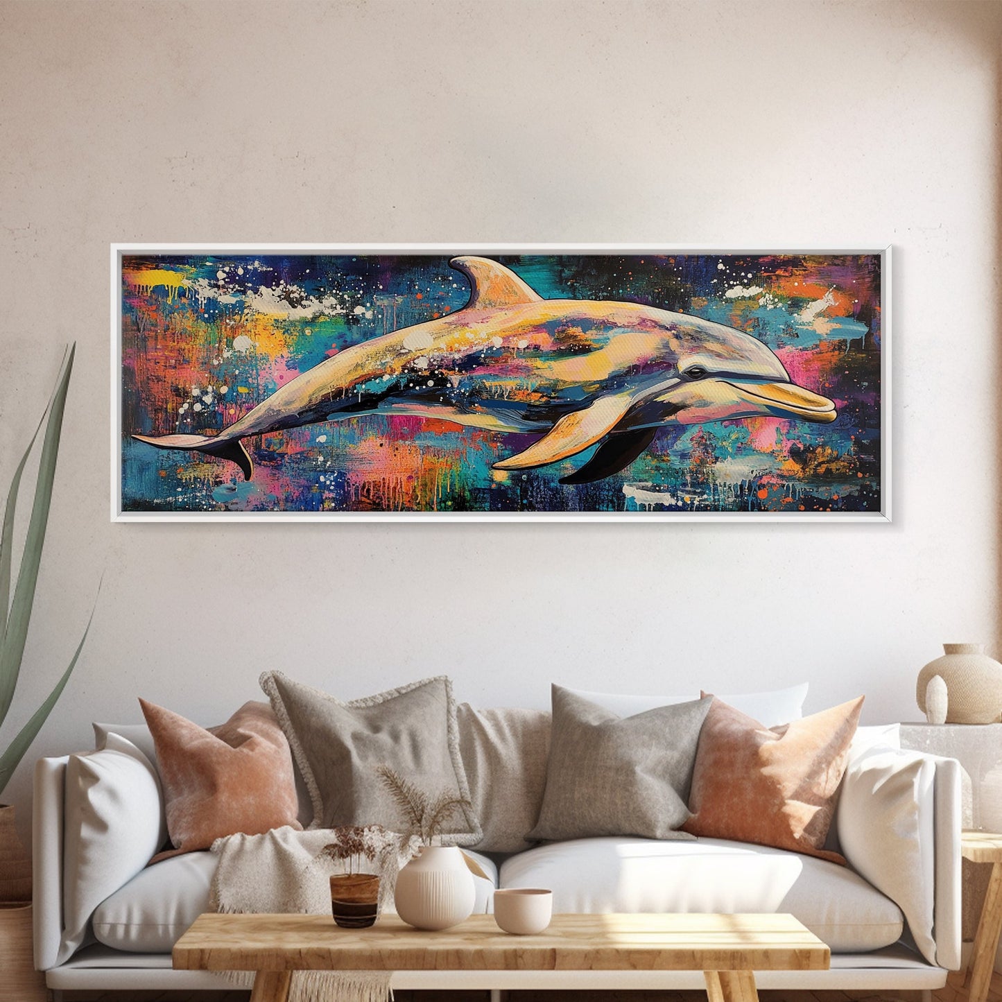 Vibrant Dolphin Art Canvas Print Ocean Wall Art Coastal Decor Colorful Animal Painting Modern Beach House Art Nautical Gift