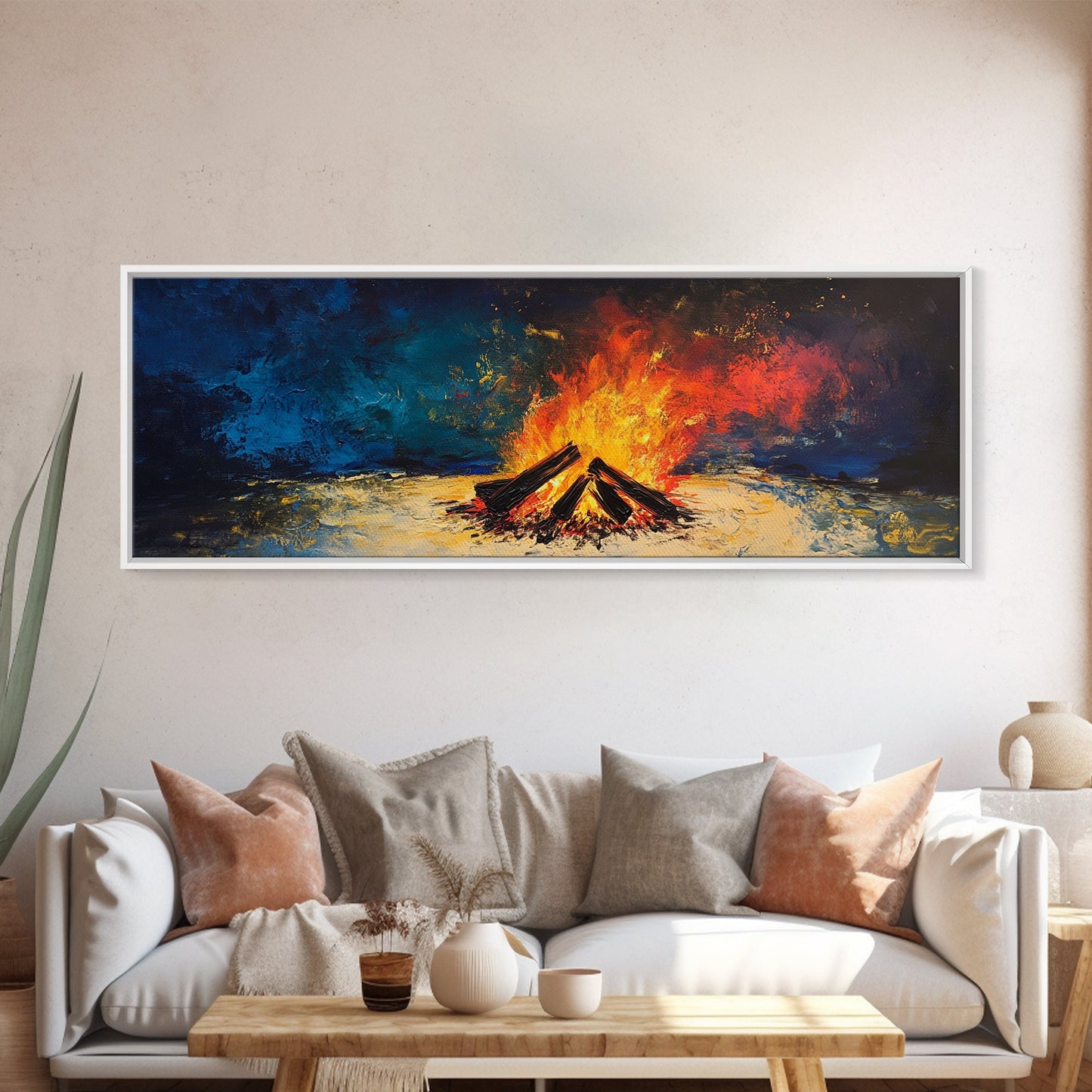 Fiery Campfire Night Canvas Print Rustic Outdoor Wall Art Cozy Bonfire Painting Autumn Cabin Decor Warm Wilderness Gift