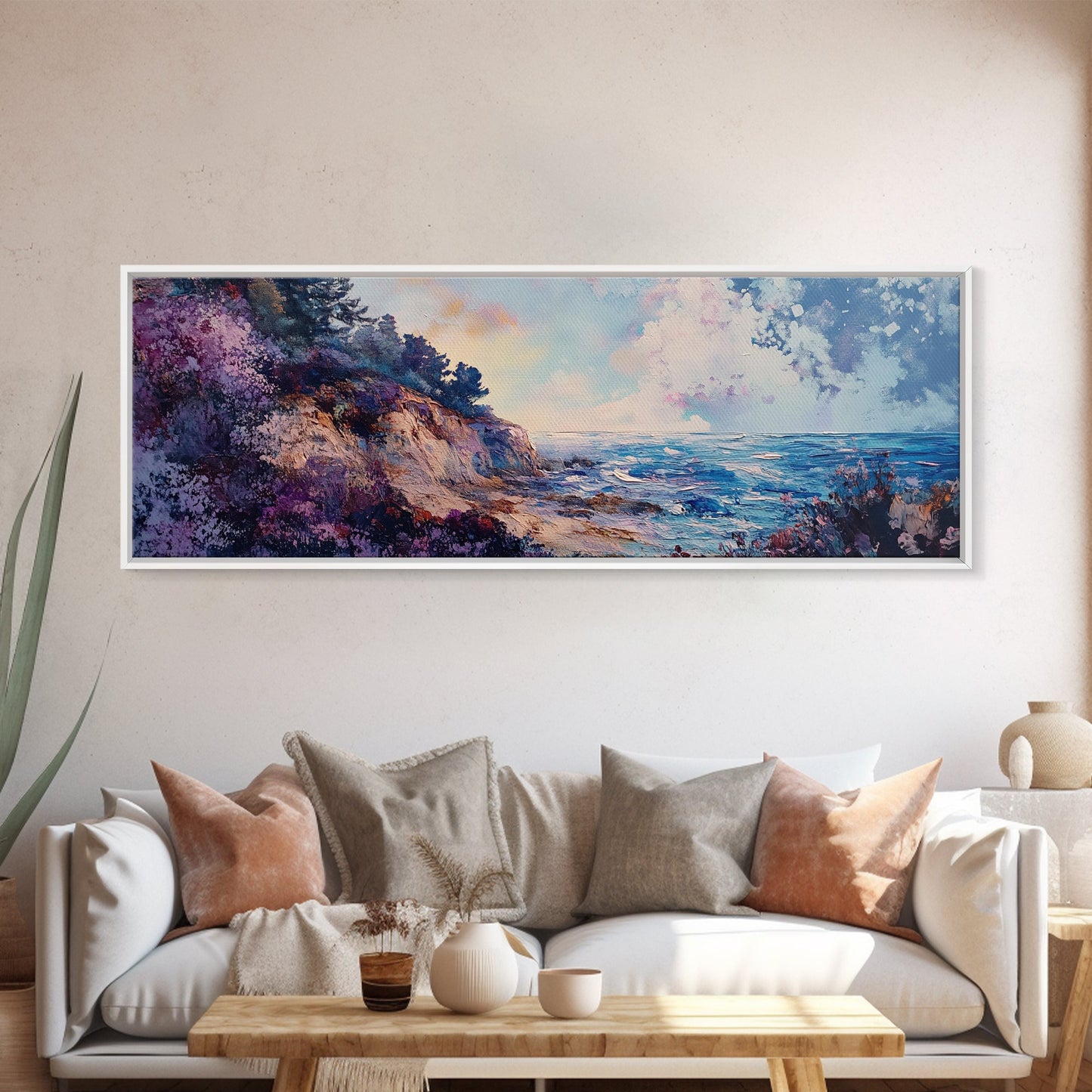 Rocky Shoreline Framed Canvas Print Vibrant Coastal Wall Art, Textured Ocean Scene, Sunset Beach Painting, Modern Boho Decor