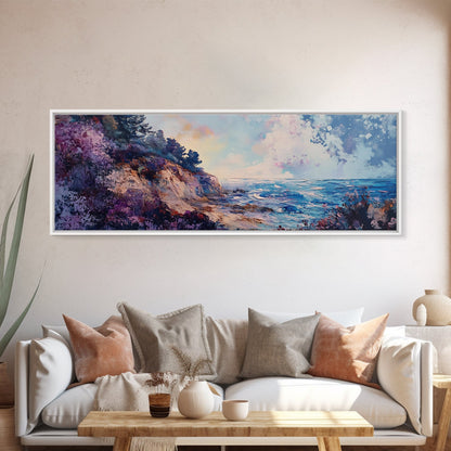 Rocky Shoreline Framed Canvas Print Vibrant Coastal Wall Art, Textured Ocean Scene, Sunset Beach Painting, Modern Boho Decor