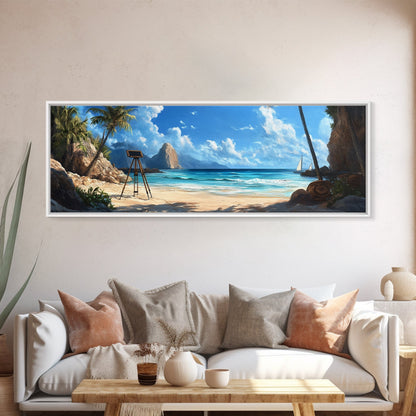 Tropical Beach Framed Canvas Print, Seaside Paradise Wall Art, Coastal Landscape Painting, Ocean View Decor, Office Art