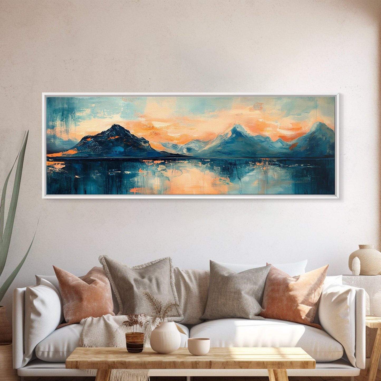 Mountain Reflections at Sunset Wall Art, Abstract Landscape Painting, Blue and Orange Artwork, Statement Piece, Office