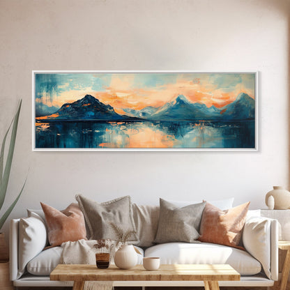 Mountain Reflections at Sunset Wall Art, Abstract Landscape Painting, Blue and Orange Artwork, Statement Piece, Office