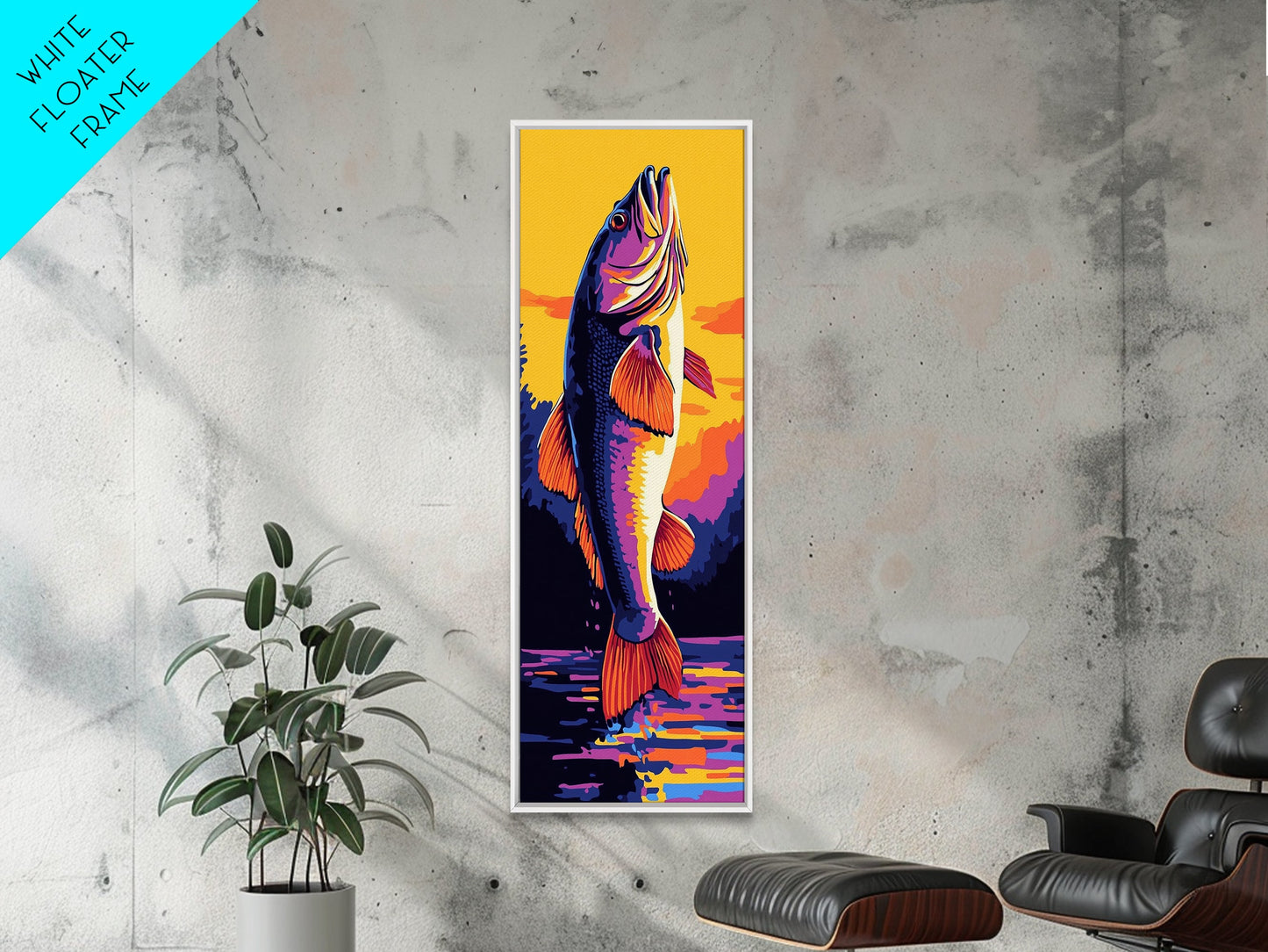 Jumping Fish, Bass Fishing Art, Vibrant Lake Scene, Bold Outdoor Wall Decor, Cabin Aesthetic, Nature Lover Gift, Framed Canvas Print