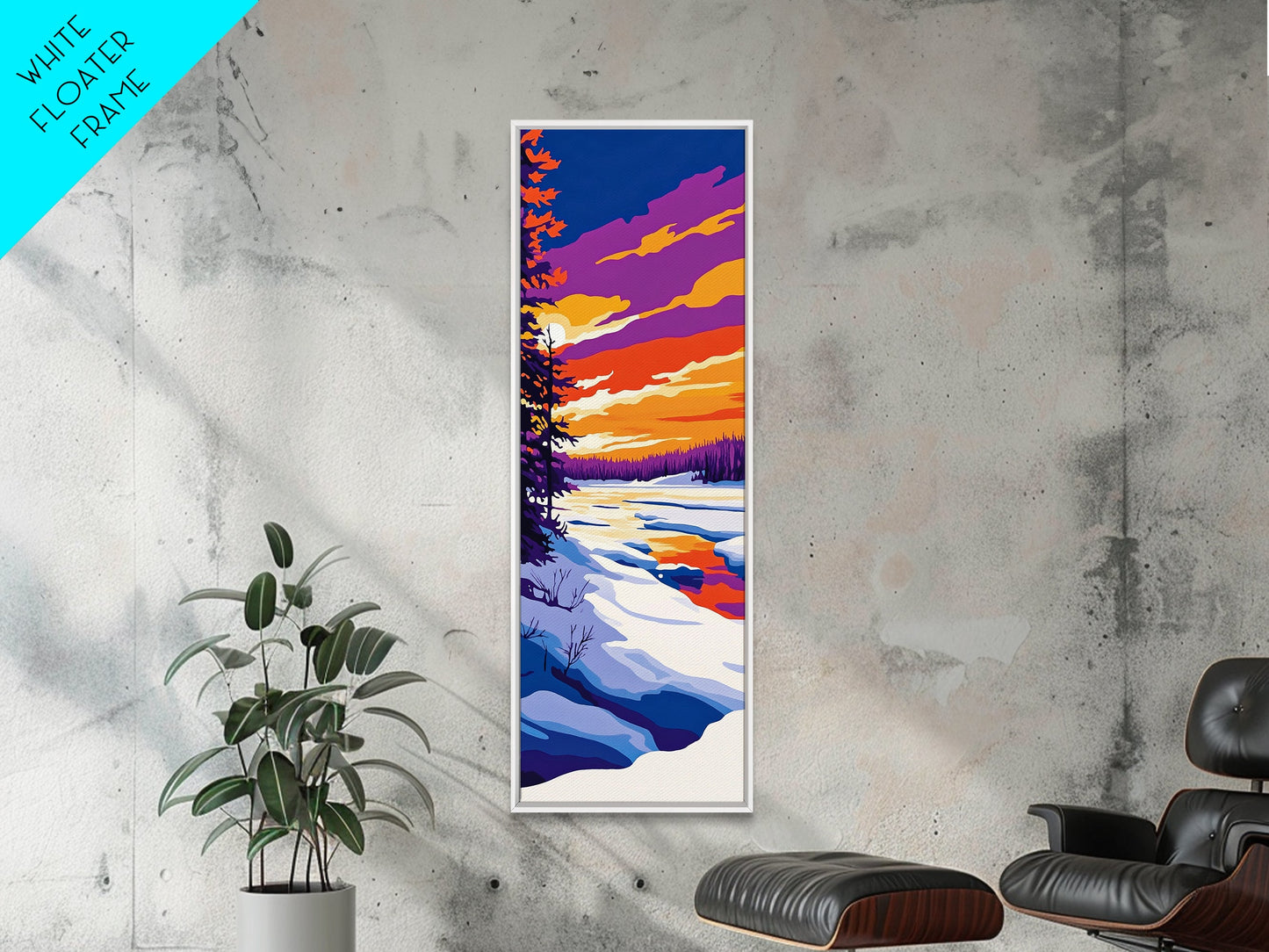 Snowy River, Winter Wonderland, Frosty Sunset, Framed Canvas Print, Cozy Cabin Art, Seasonal Wall Decor, Christmas Aesthetic, Minimalist