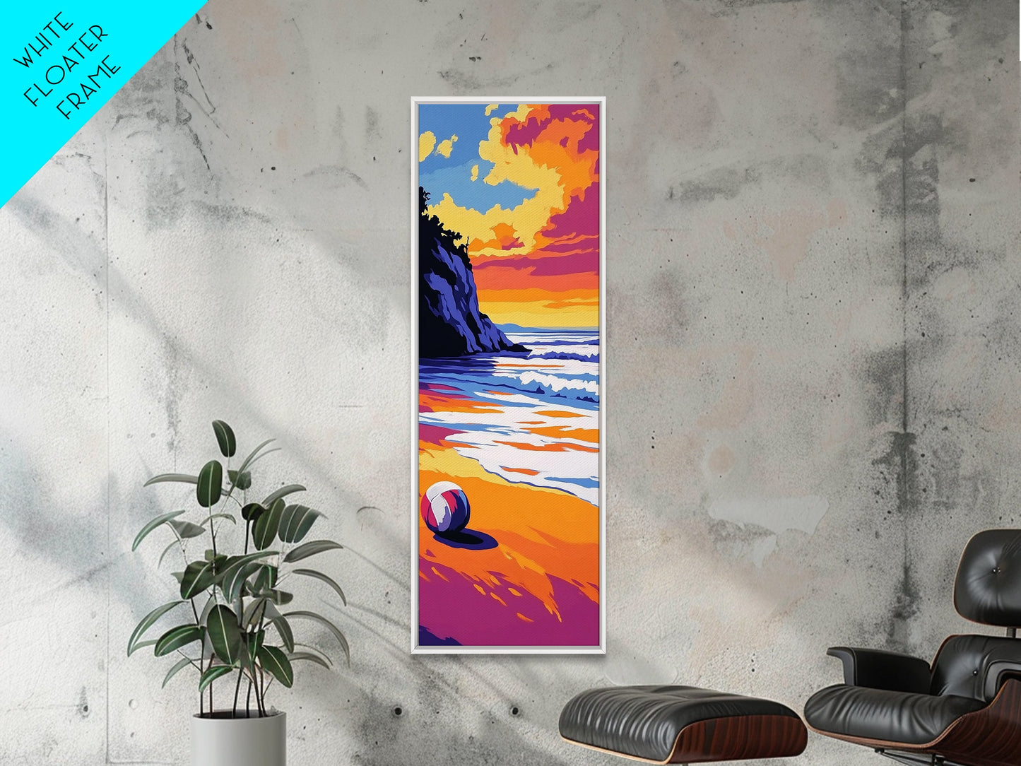 Beach Ball, Ocean Shore, Vibrant Sunset Art, Serene Seaside Print, Bold Beach House Decor, Relaxing Wall Aesthetic, Framed Canvas Print