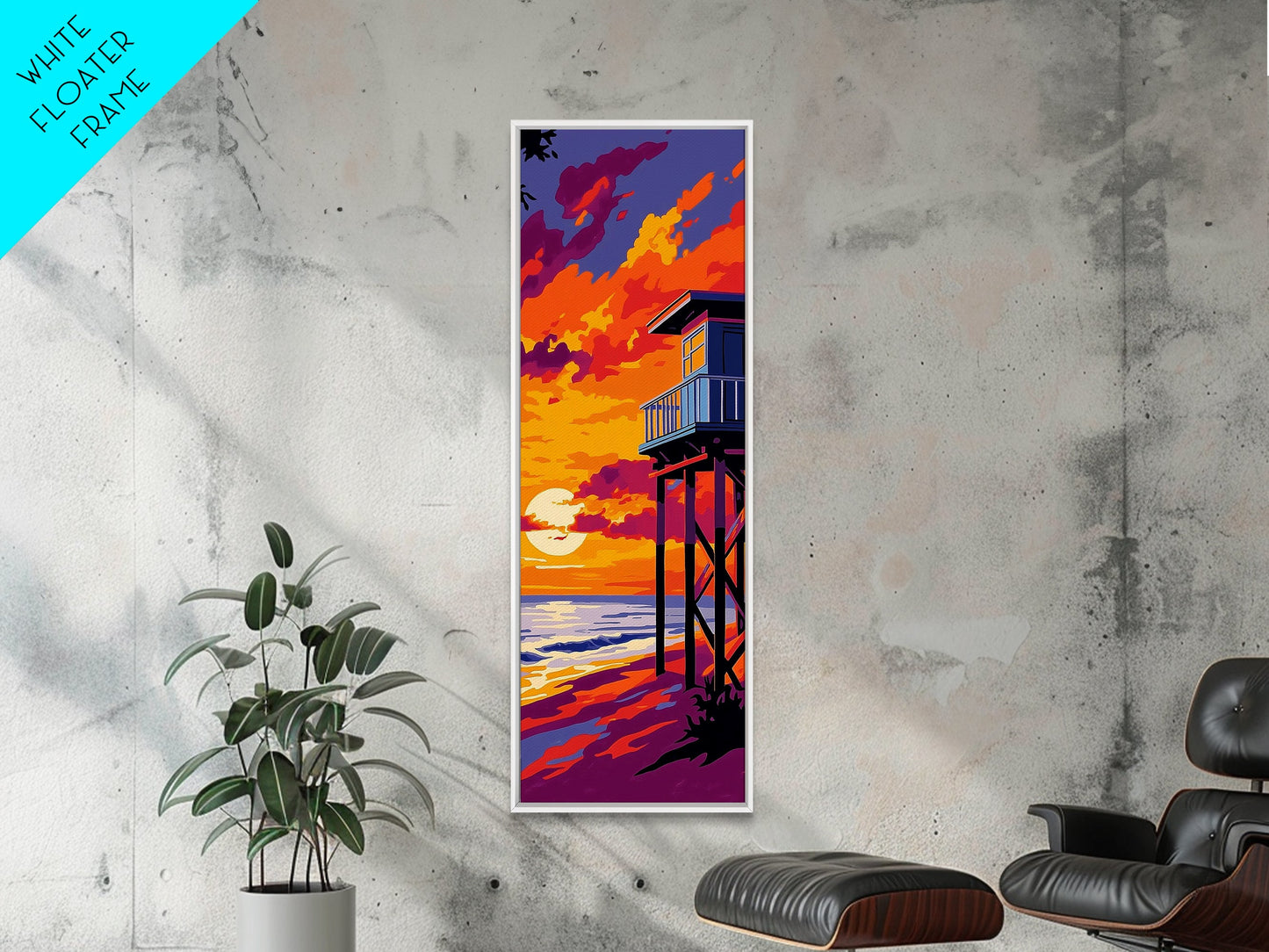 Lifeguard Tower, Ocean Sunset, Beach House Art, Framed Canvas Print, Coastal Wall Decor, Vibrant Seascape Painting, Nautical Decor