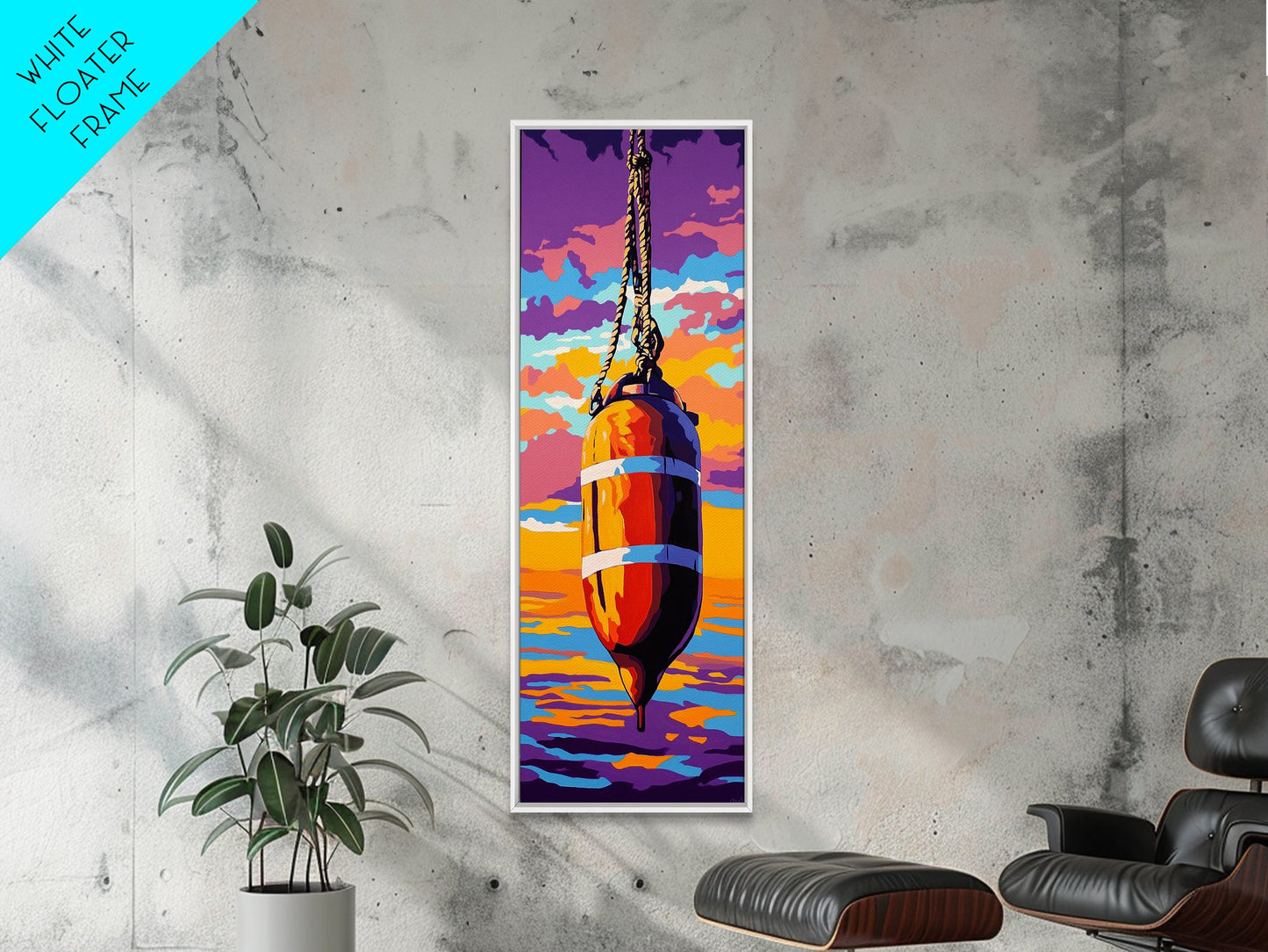 Buoy, Rope, Ocean, Sunset, Framed Canvas Print, Nautical Decor, Coastal Wall Art, Beach House Art, Fishing Decor, Living Room Wall Art