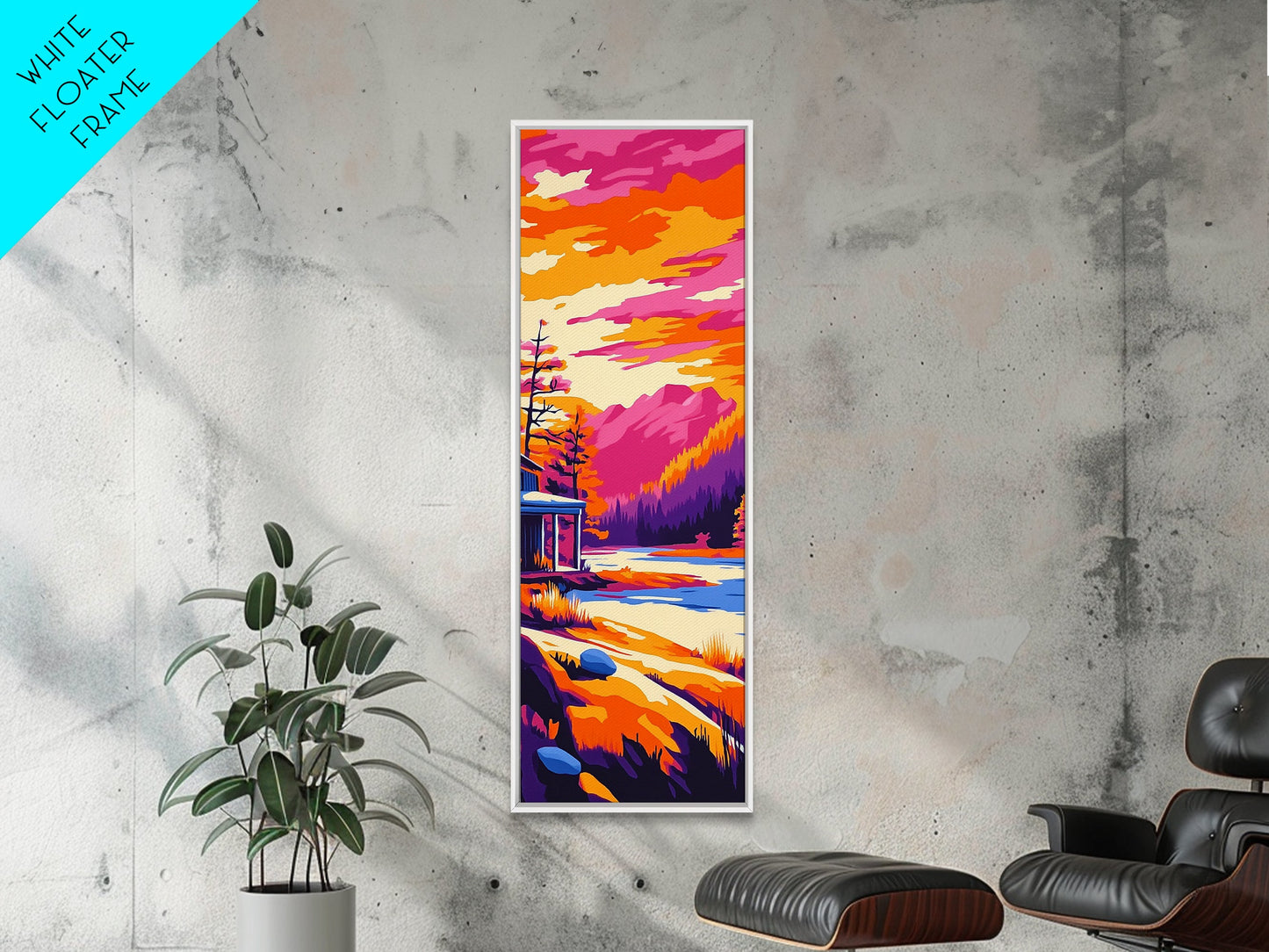 Sonnenuntergangsszene mit Hütte, gerahmter Leinwanddruck, lebendige Berglandschaft, Seelandschaft, gemütliche Hüttendekoration, Naturnahe Wohndekoration, rustikale Wandkunst